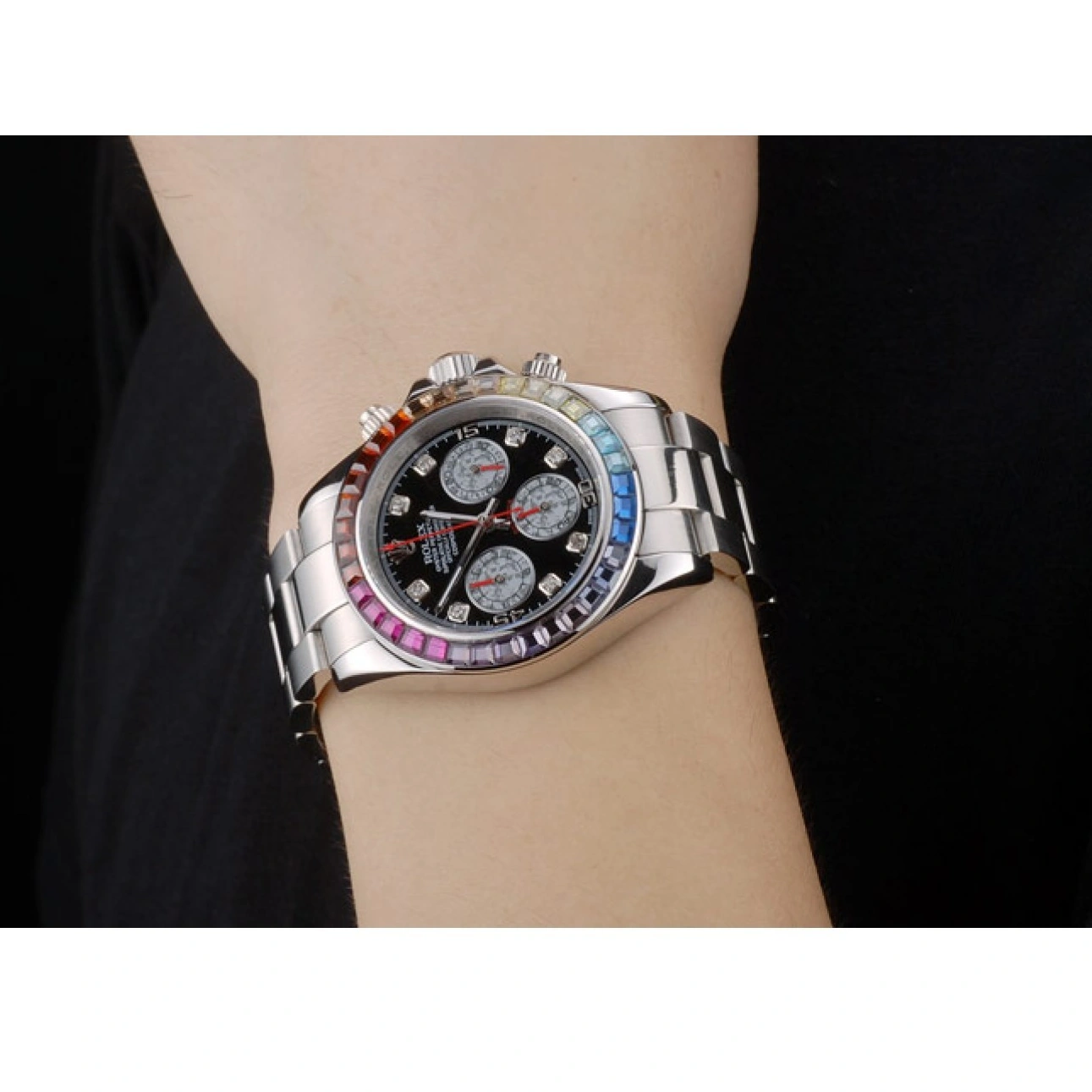 Aaa replica watch Steep Daytona Rainbow Dial 80250 Strap Bezel Stainless Cosmograph Black Crystals Rolex 1013